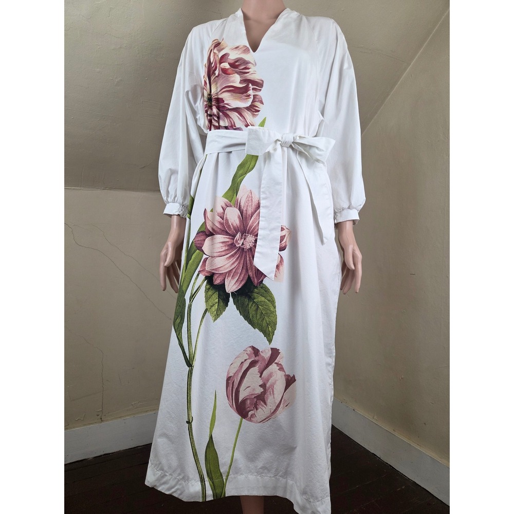 Anthropologie Belted V-Neck Floral Midi Dress MP Medium Petite Cotton Pockets - Picture 4 of 13